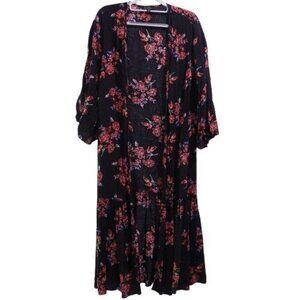 Jessica Simpson Women's Leilani Tiered Open Front Maxi Kimono Black Floral Size